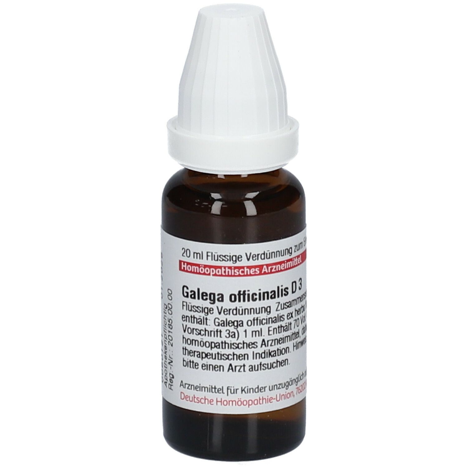 Braune Glasflasche mit weißem Schraubverschluss. Etikett mit Produktinformationen: Galega officinalis D3, 20 ml.