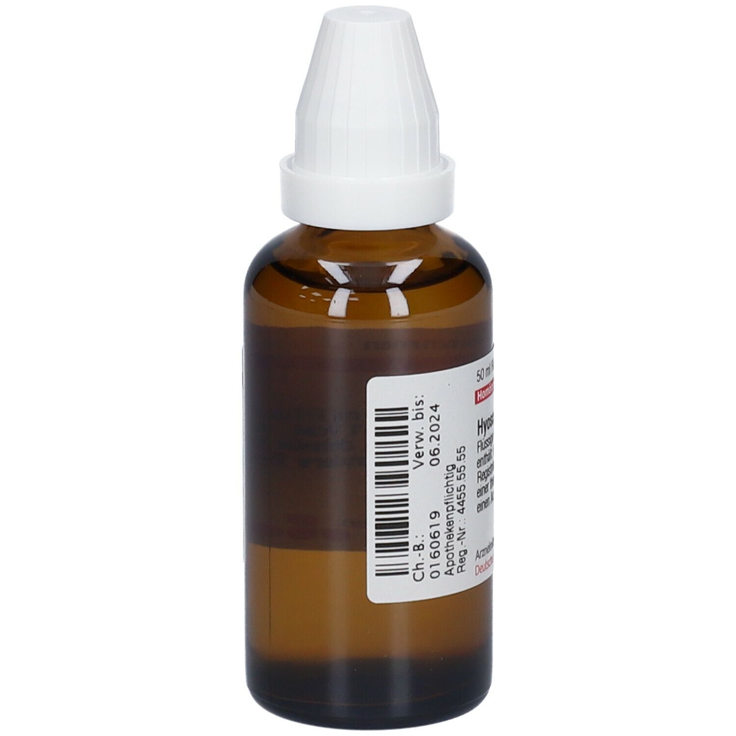 Braune Glasflasche mit weißem Verschluss. Etikett mit Text und Barcode. Apothekenpflichtig.