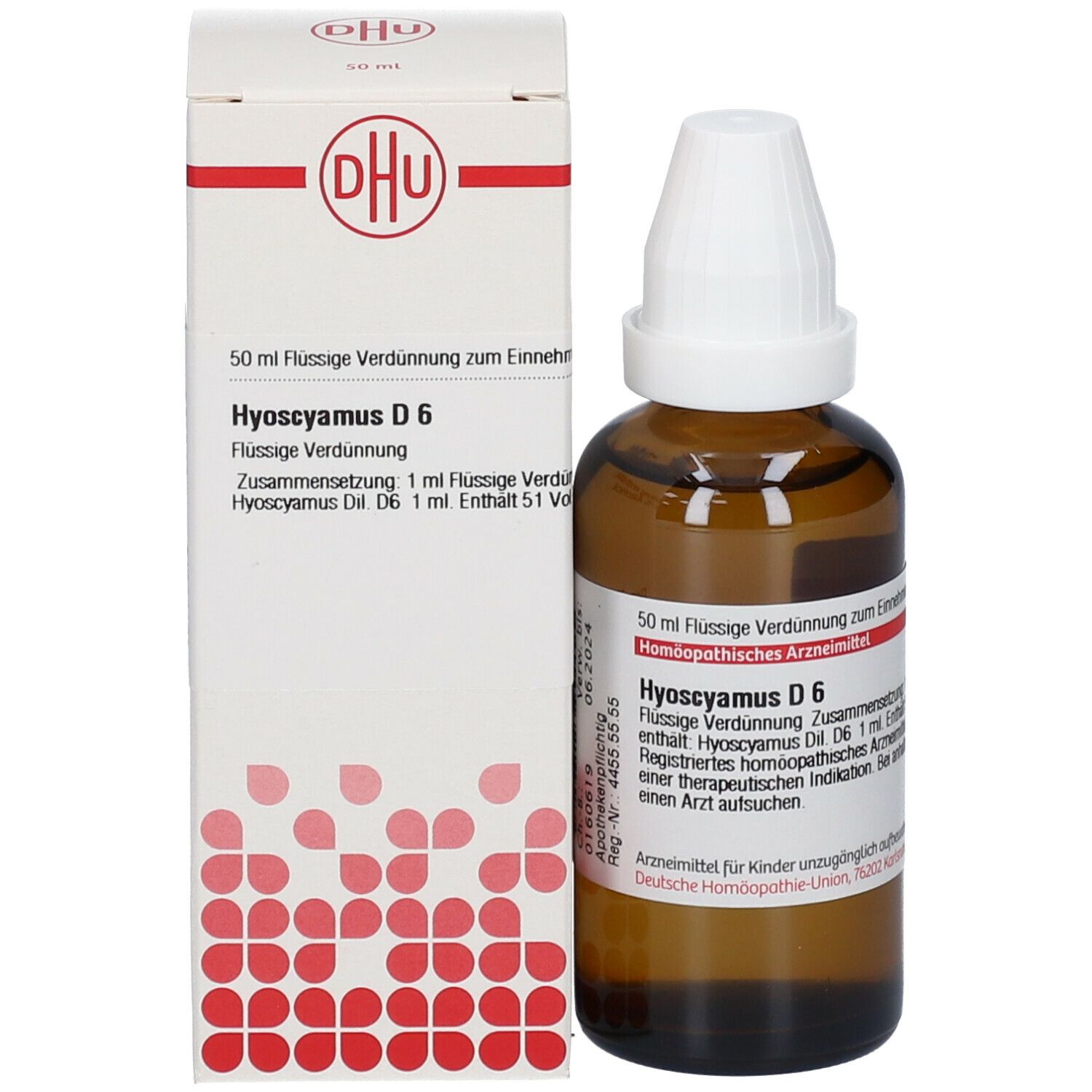 Braune Glasflasche mit weißem Verschluss und Karton. Karton mit DHU-Logo und Text. 50 ml.