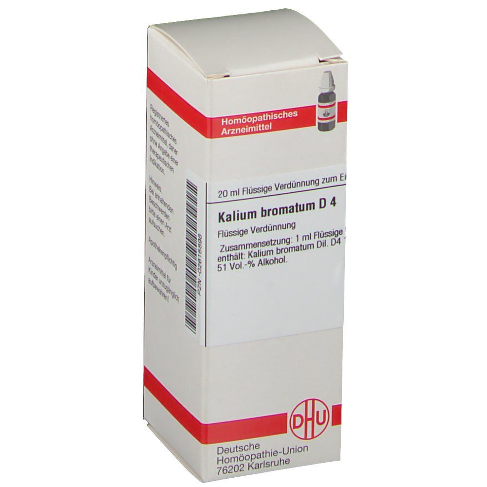 Weiße Schachtel mit roter Umrandung. Aufschrift: Kalium bromatum D4, DHU Logo. Enthält eine Flasche mit Flüssigkeit.