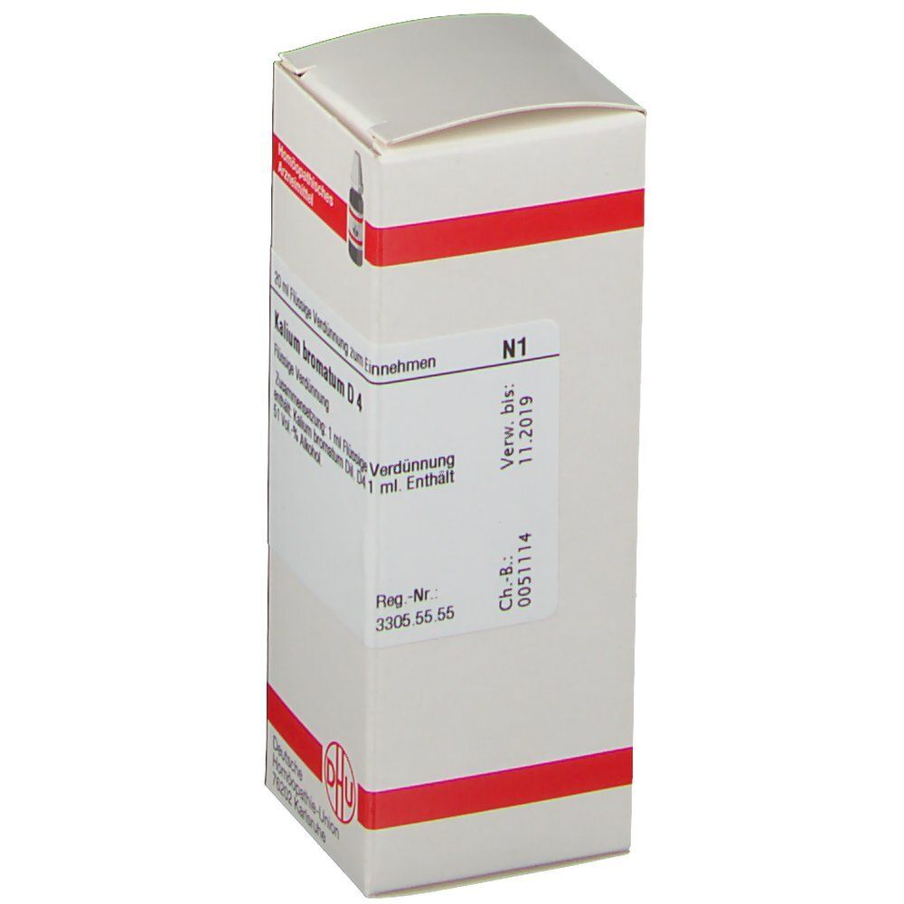 Weiße Schachtel mit roter Umrandung. Aufschrift: Kalium bromatum D4, DHU Logo. Verfallsdatum: 11.2019.