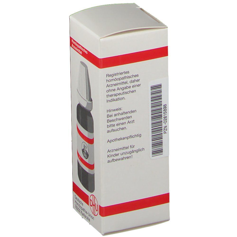 Weiße Schachtel mit roter Umrandung. Text: Apothekenpflichtig. DHU Logo. Barcode.