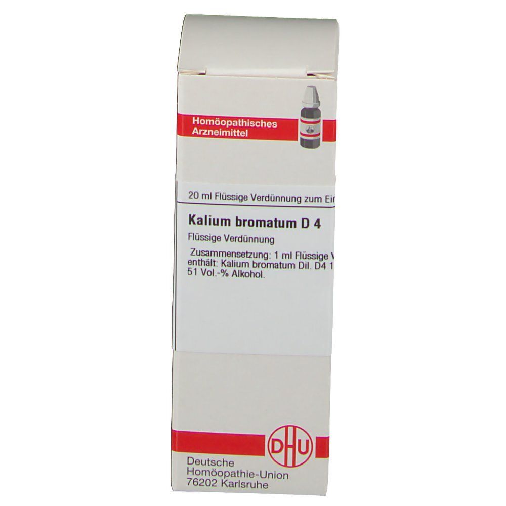 Weiße Schachtel mit roter Umrandung. Aufschrift: Kalium bromatum D4, DHU Logo. Enthält eine Flasche mit Flüssigkeit.
