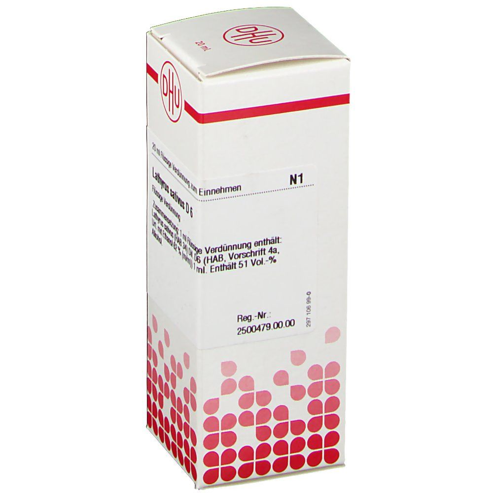 Weiße Schachtel mit roter Schrift und DHU-Logo. Beschriftung: Lathyrus sativus D6. Aufschrift N1. Rote Punkte am unteren Rand.