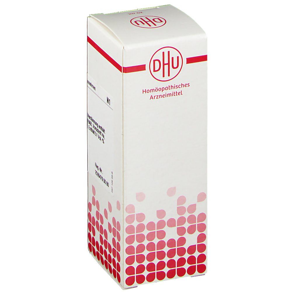 Weiße Schachtel mit roter Schrift und DHU-Logo. Beschriftung: Homöopathisches Arzneimittel. Rote Punkte am unteren Rand.