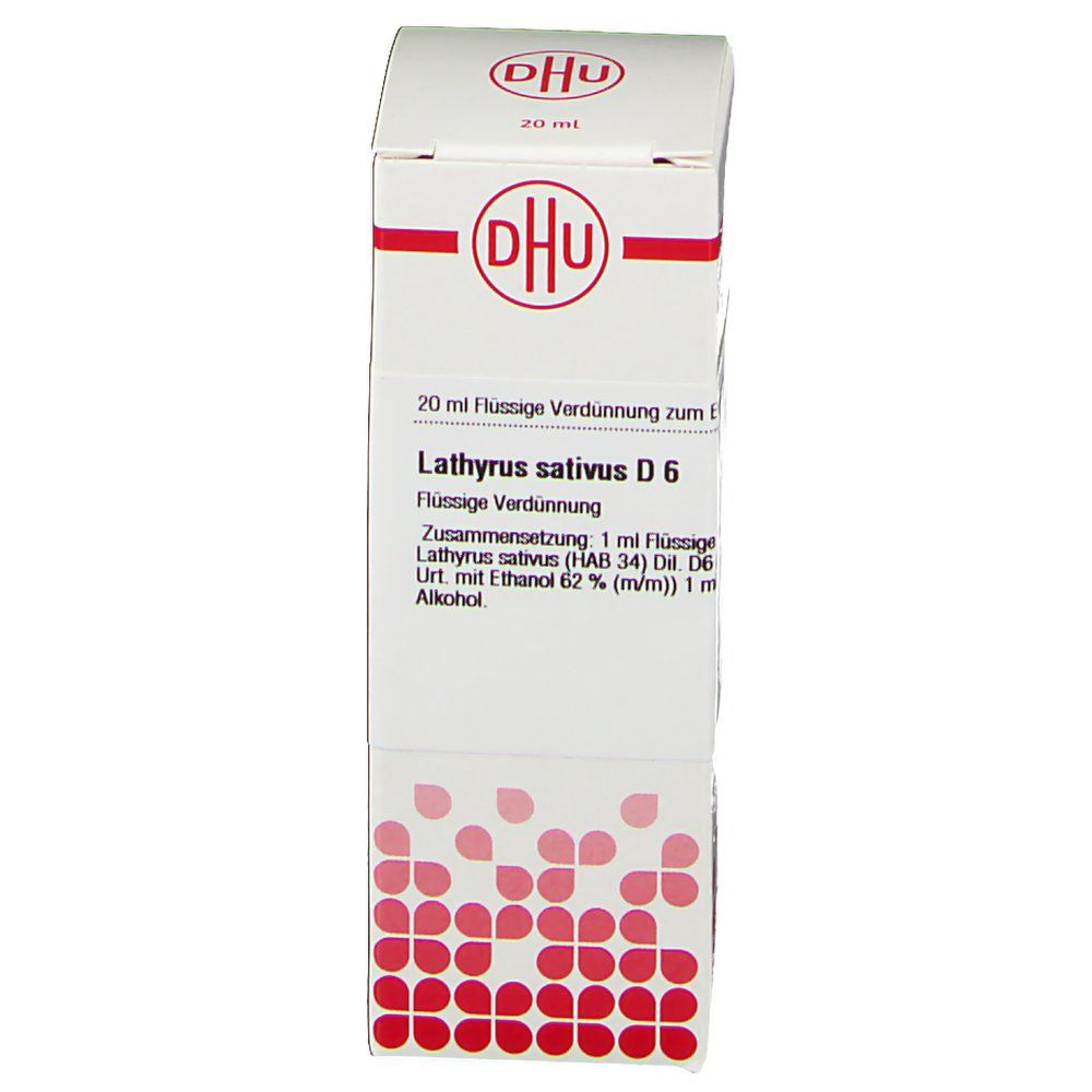 Weiße Schachtel mit roter Schrift und DHU-Logo. Beschriftung: Lathyrus sativus D6, 20 ml. Rote Punkte am unteren Rand.