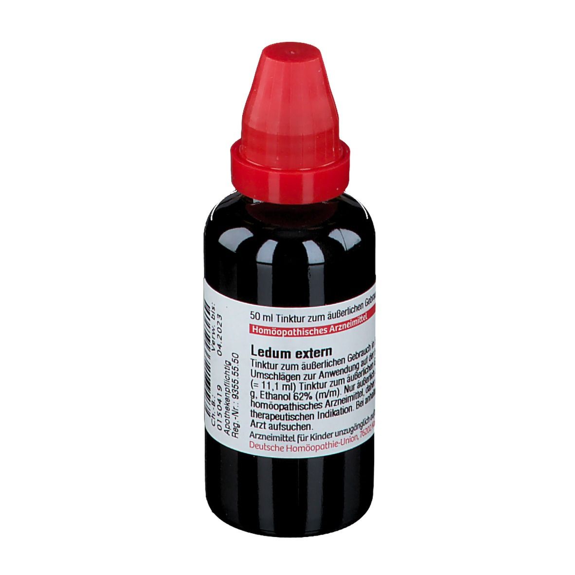 Braune Flasche mit rotem Verschluss. Etikett mit Text. DHU Ledum extern.