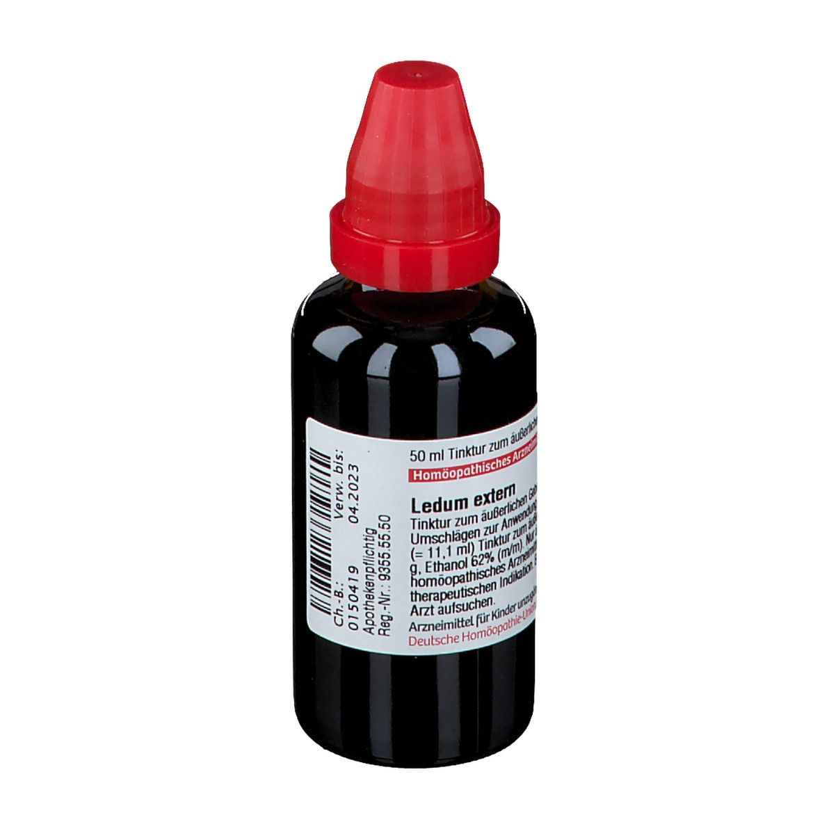 Braune Flasche mit rotem Verschluss. Etikett mit Text. DHU Ledum extern.