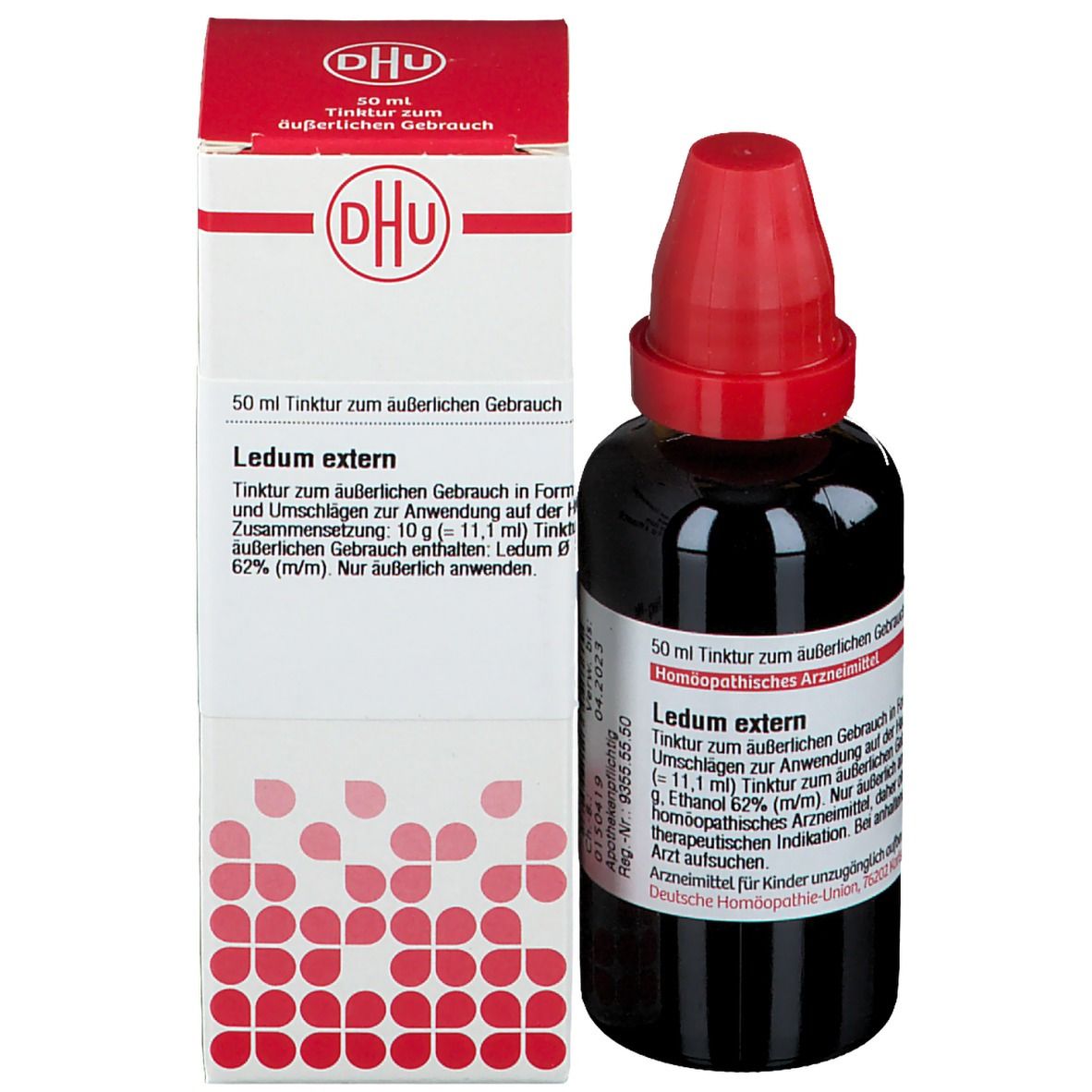 Braune Flasche und Schachtel. DHU Ledum extern. Rote und weiße Verpackung.