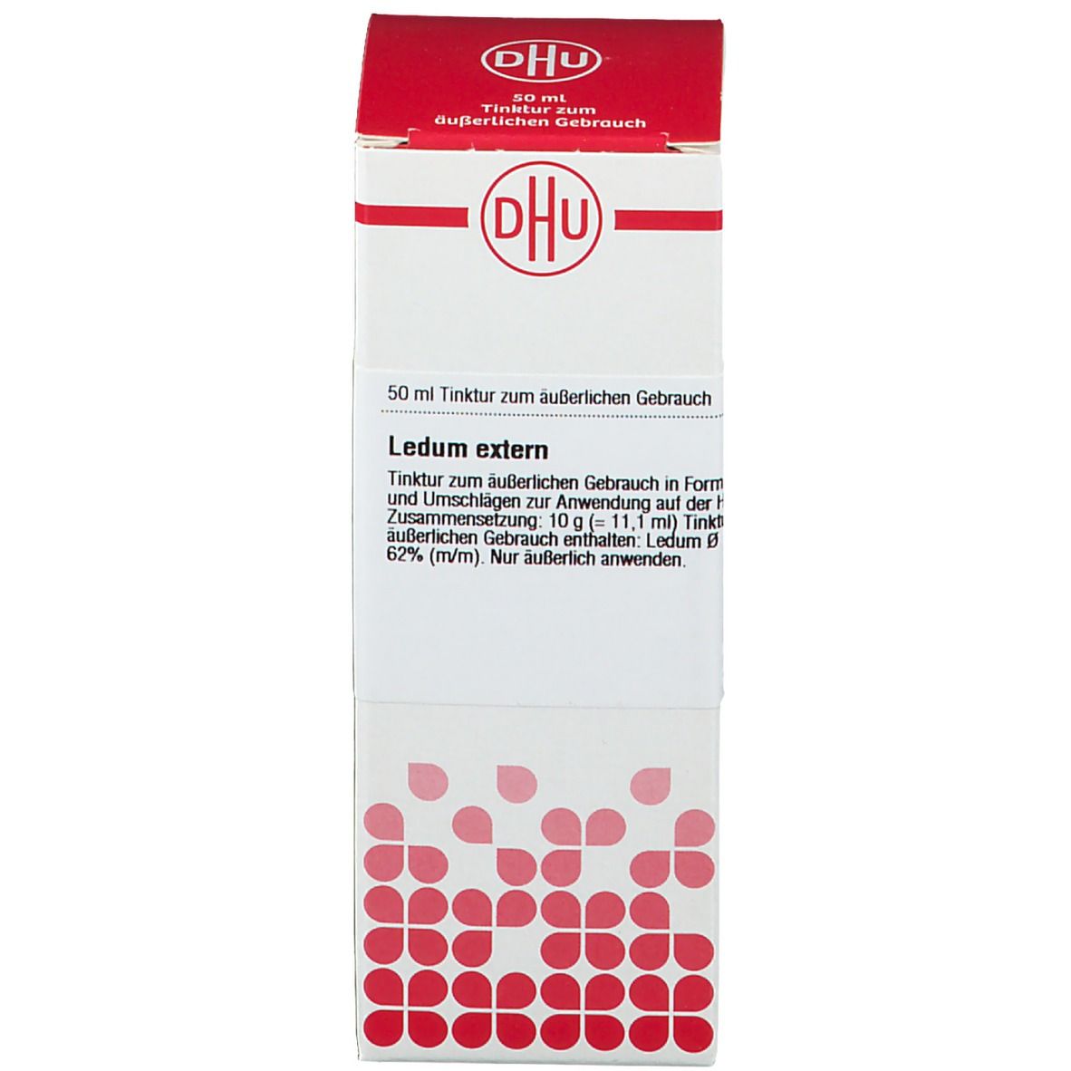 Weiße Schachtel mit rotem Deckel. DHU Logo. Text: Ledum extern.