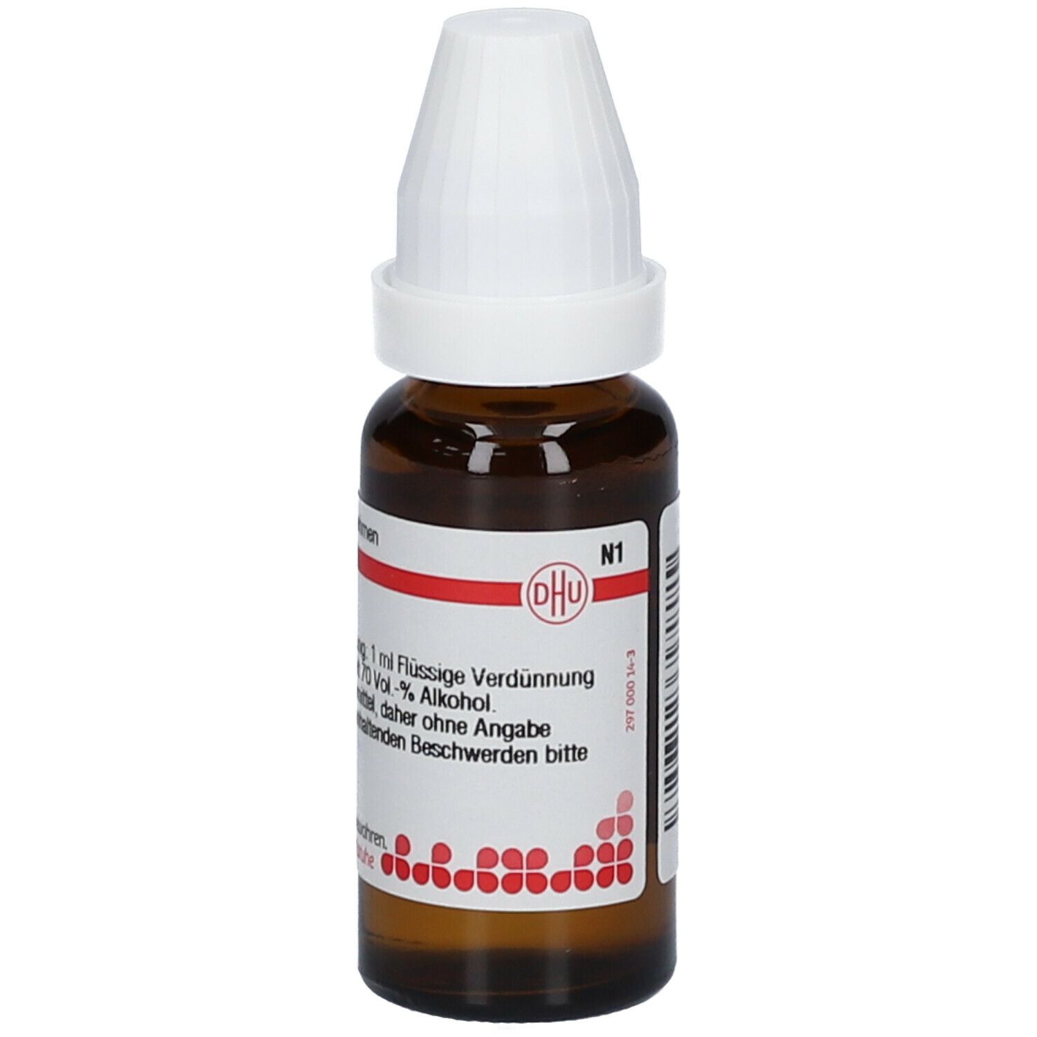 Braune Glasflasche mit weißem Verschluss. Etikett mit Text. DHU Logo. Flüssige Verdünnung.