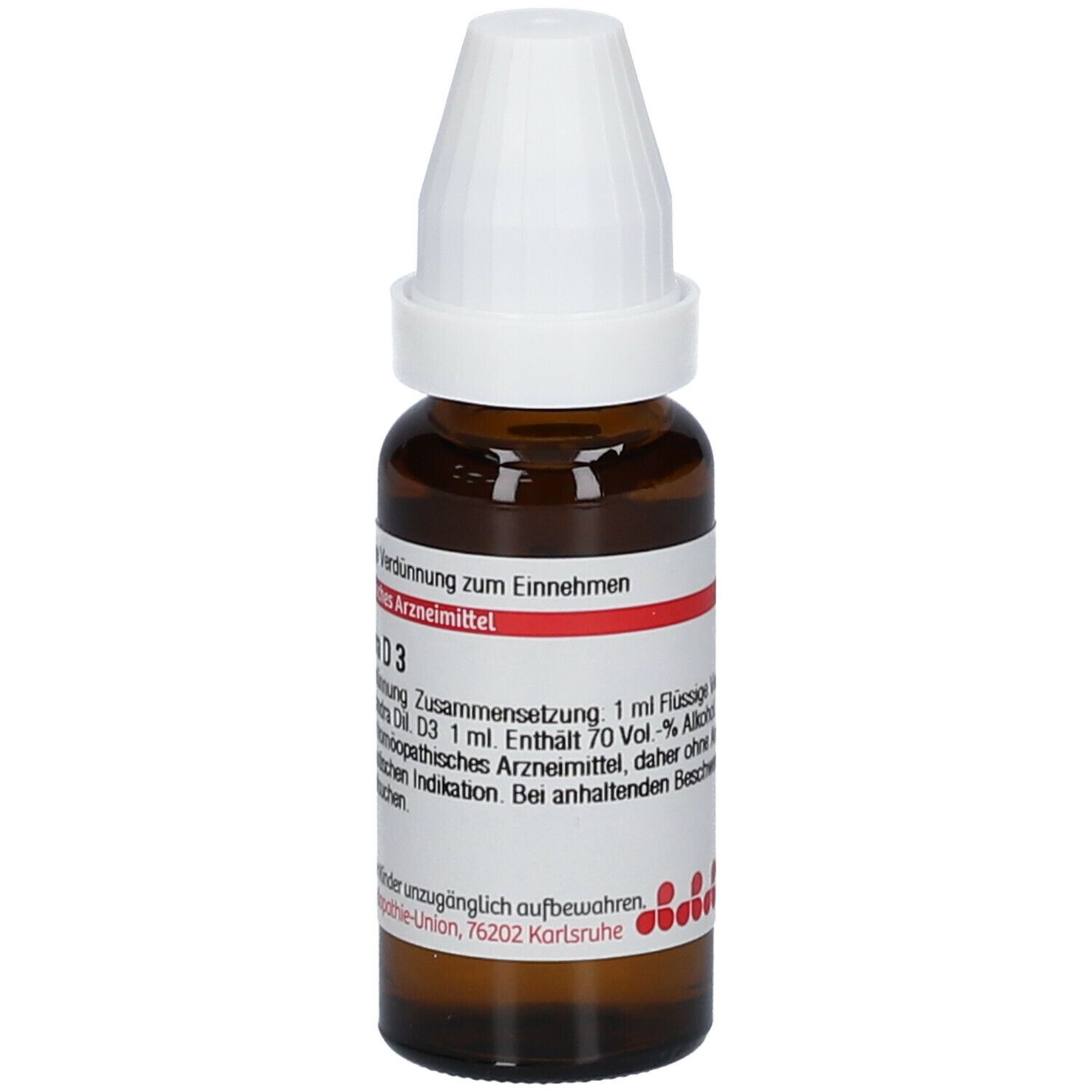 Braune Glasflasche mit weißem Verschluss. Etikett mit Text. Homöopathisches Arzneimittel. DHU Logo.