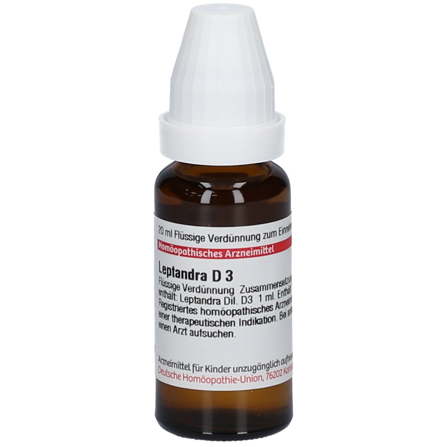 Braune Glasflasche mit weißem Verschluss. Etikett mit Text. DHU Logo. Leptandra D3. Flüssige Verdünnung.