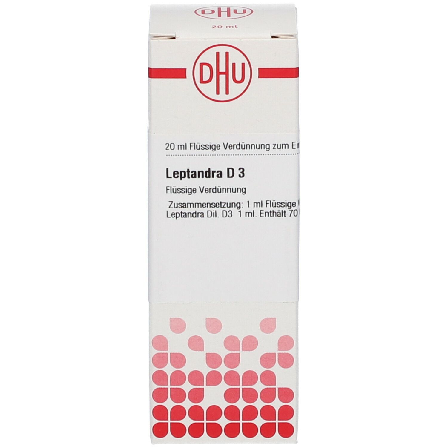 Verpackung mit DHU Logo und Produktnamen Leptandra D3. Flüssige Verdünnung. Rote und weiße Farbgebung.