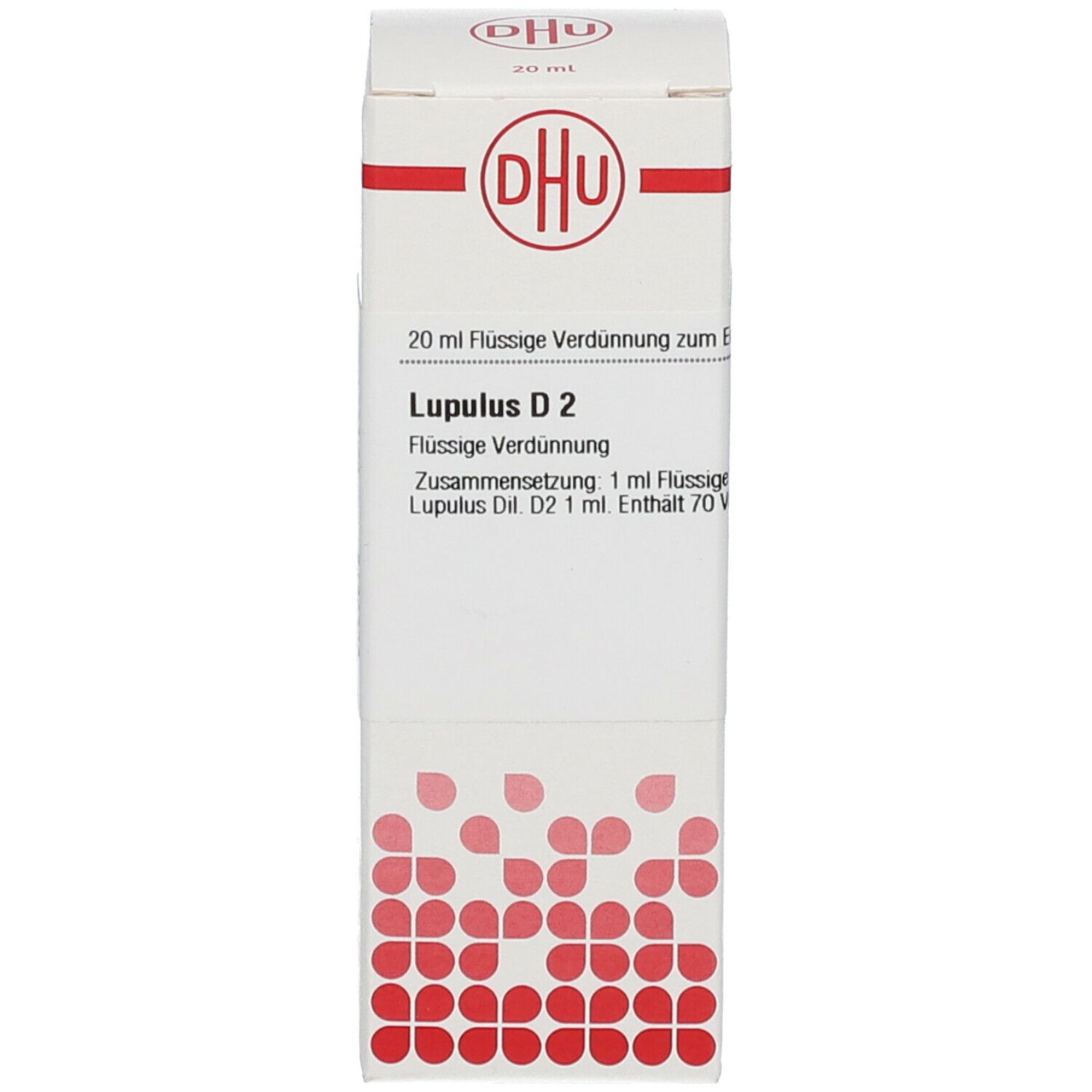 Weiße Schachtel mit DHU-Logo und rotem Muster. Beschriftung: Lupulus D 2, 20 ml flüssige Verdünnung. Homöopathisches Arzneimittel.