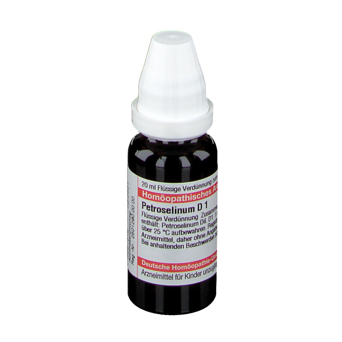 Braune Flüssigkeit in einer Tropfflasche mit weißem Verschluss. Beschriftung: Petroselinum D1, Homöopathisches Arzneimittel.