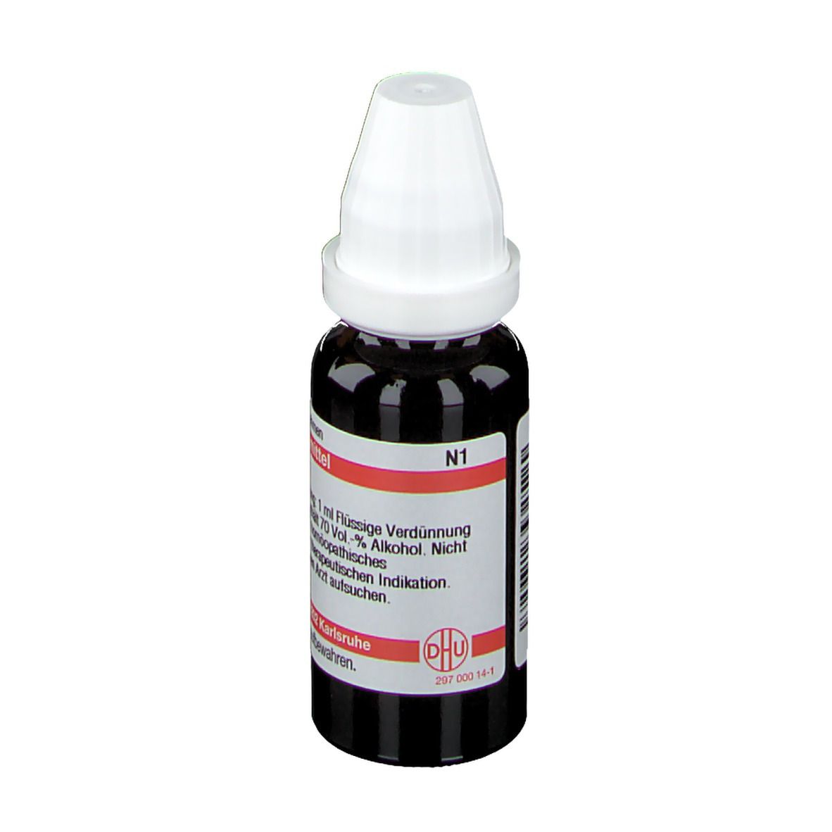 Braune Flüssigkeit in einer Tropfflasche mit weißem Verschluss. Beschriftung: Petroselinum N1, Homöopathisches Arzneimittel.