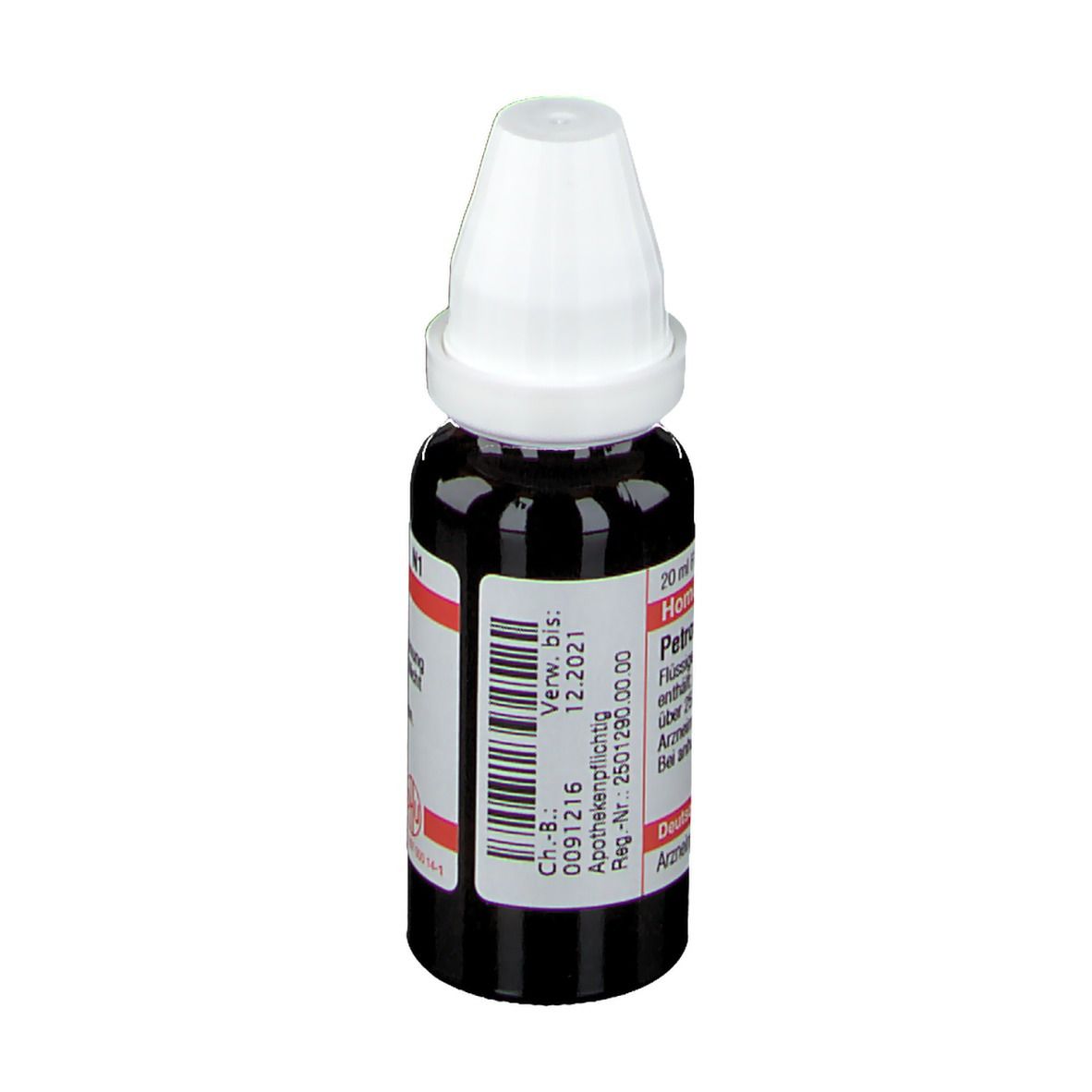 Braune Flüssigkeit in einer Tropfflasche mit weißem Verschluss. Beschriftung: Petroselinum D1, Homöopathisches Arzneimittel.