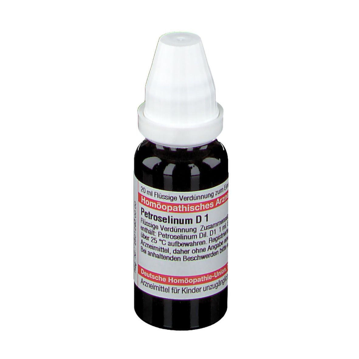 Braune Flüssigkeit in einer Tropfflasche mit weißem Verschluss. Beschriftung: Petroselinum D1, Homöopathisches Arzneimittel.