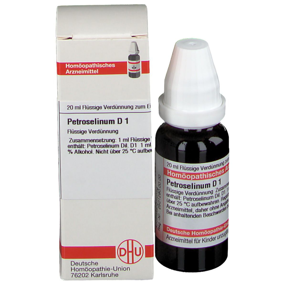 Tropfflasche und Schachtel. Auf der Flasche: Petroselinum D1. Auf der Schachtel: Petroselinum D1, Homöopathisches Arzneimittel.