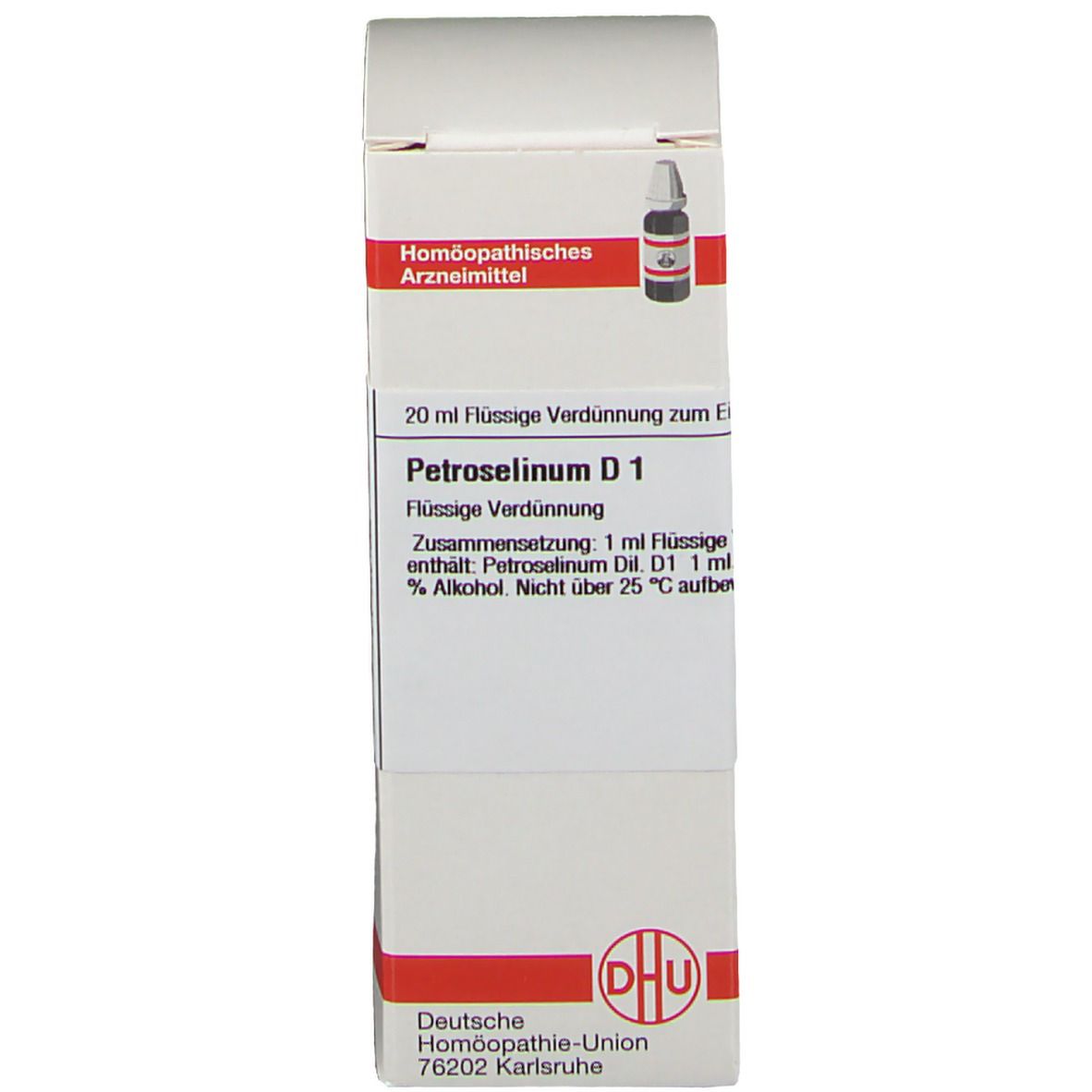 Schachtel mit Beschriftung: Petroselinum D1, Homöopathisches Arzneimittel. Logo DHU.