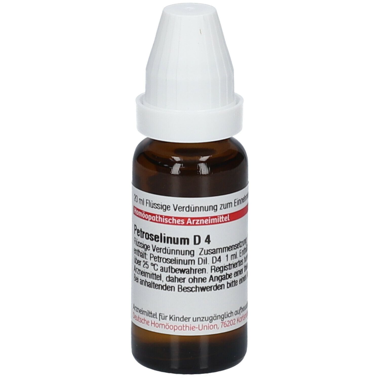 Braune Tropfflasche mit weißem Verschluss. Etikett mit Text: Petroselinum D4, 20 ml Flüssige Verdünnung. Deutsche Homöopathie-Union.