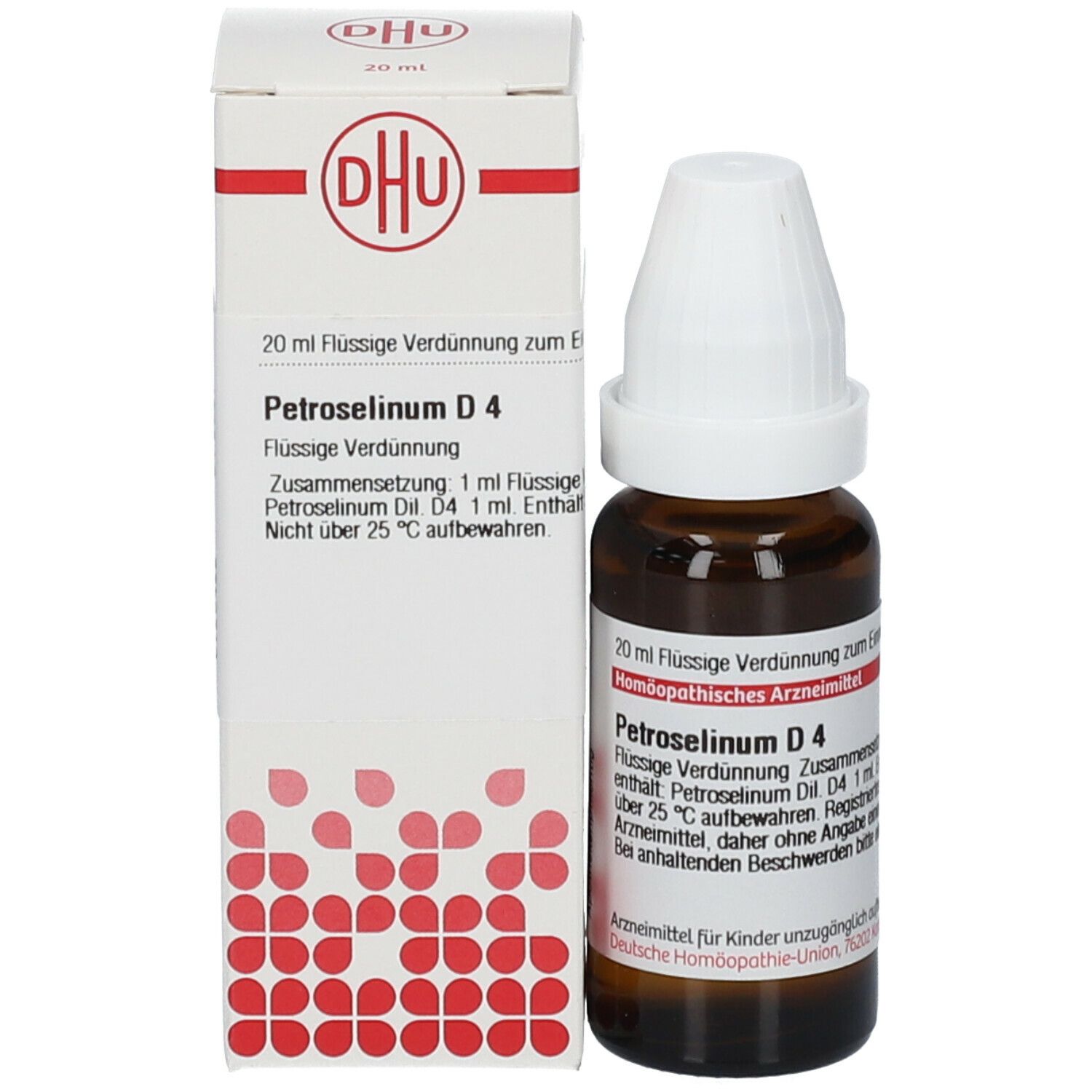 Produktverpackung mit Flasche. Auf der Verpackung steht: DHU, Petroselinum D4, 20 ml Flüssige Verdünnung. Flasche mit Etikett.