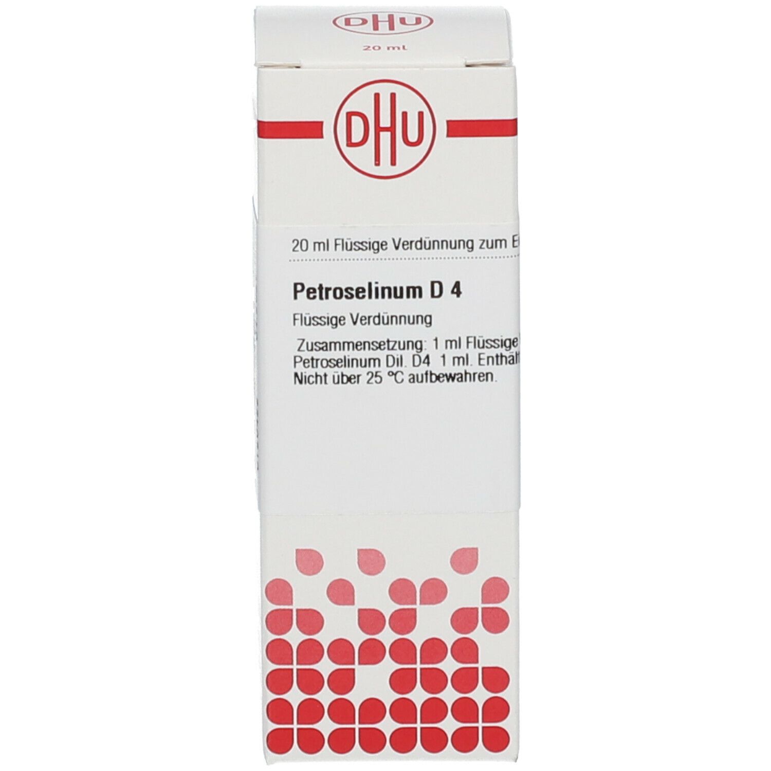 Produktverpackung. Auf der Verpackung steht: DHU, Petroselinum D4, 20 ml Flüssige Verdünnung. Deutsche Homöopathie-Union.