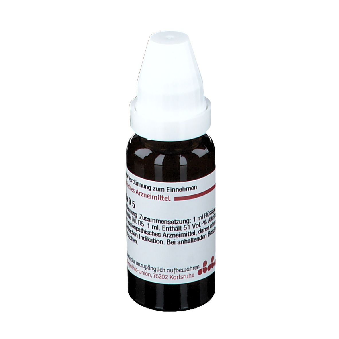 Braune Glasflasche mit weißem Verschluss. Etikett mit Text: Pulsatilla D5, Homöopathisches Arzneimittel.