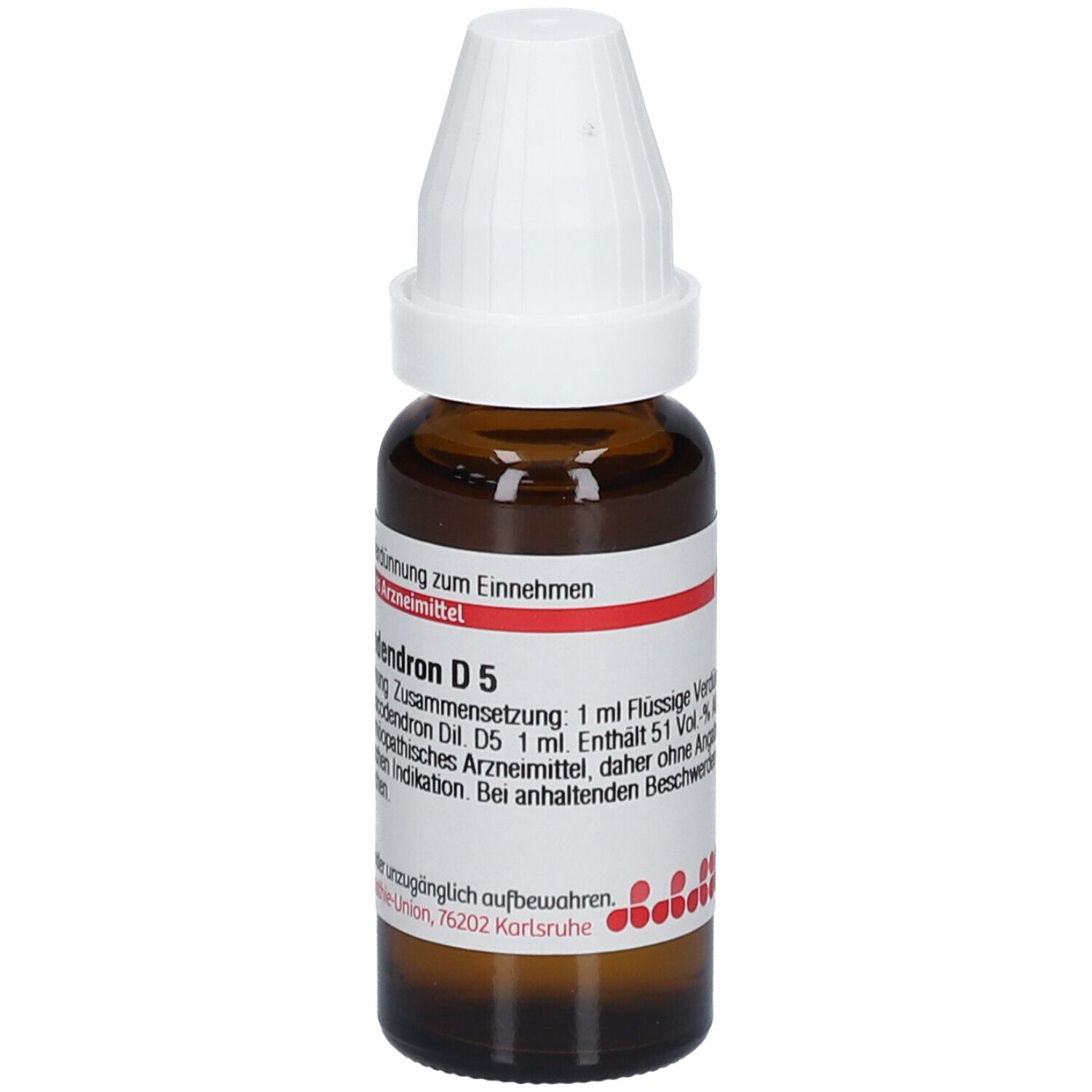 Braune Glasflasche mit weißem Verschluss. Etikett mit Text: Rhus toxicodendron D5. Homöopathisches Arzneimittel.