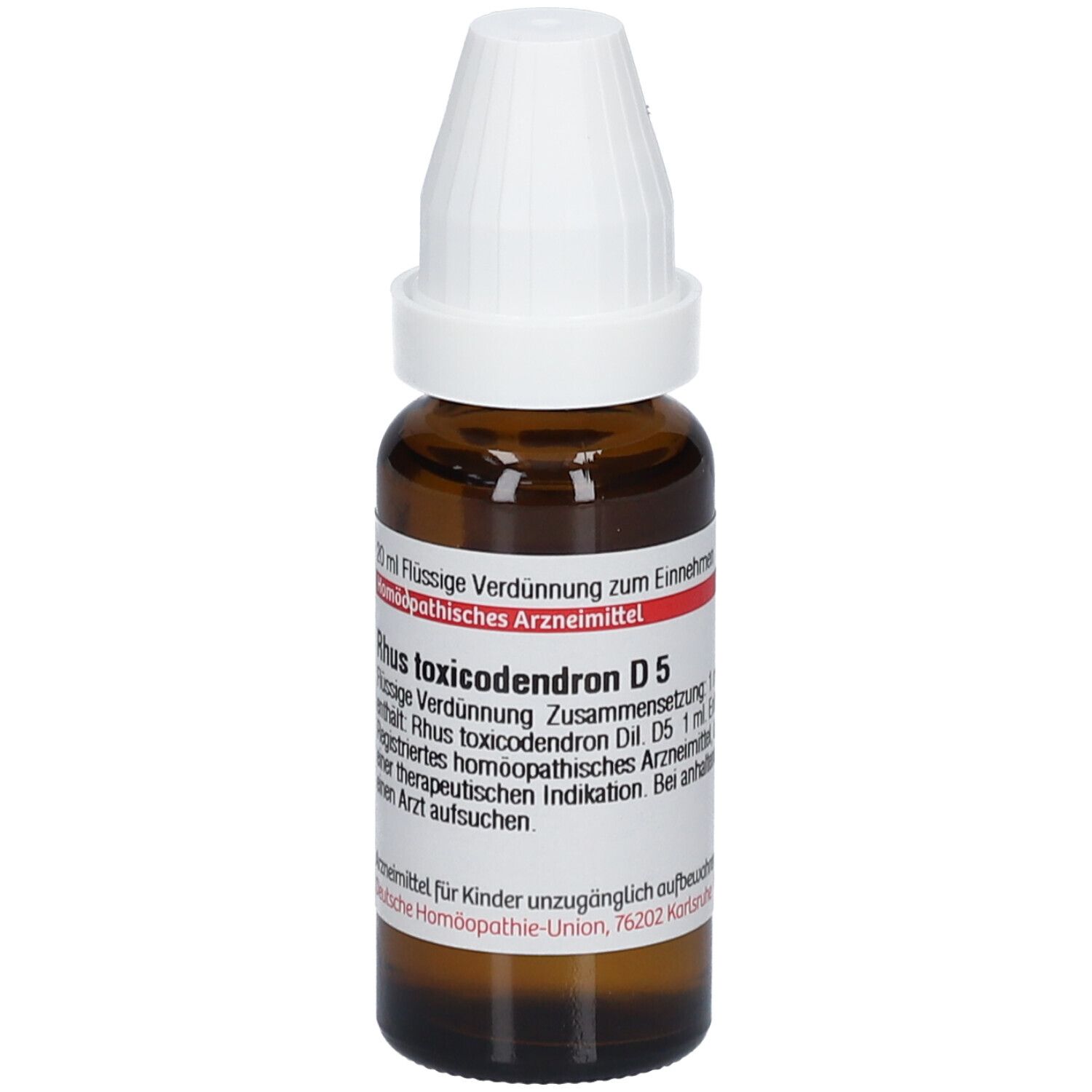 Braune Glasflasche mit weißem Verschluss. Etikett mit Text: Rhus toxicodendron D5. Homöopathisches Arzneimittel.
