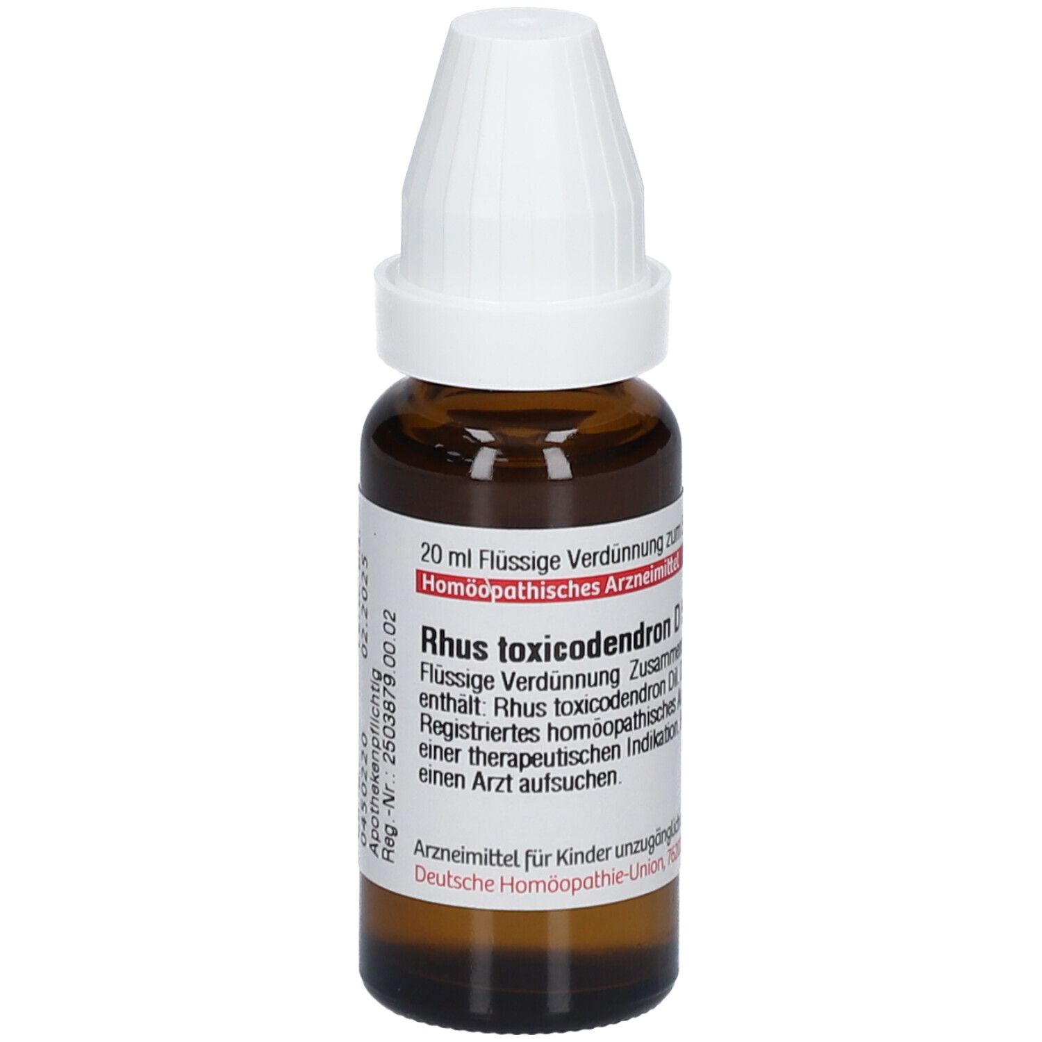 Braune Glasflasche mit weißem Verschluss. Etikett mit Text: Rhus toxicodendron D5. Homöopathisches Arzneimittel.