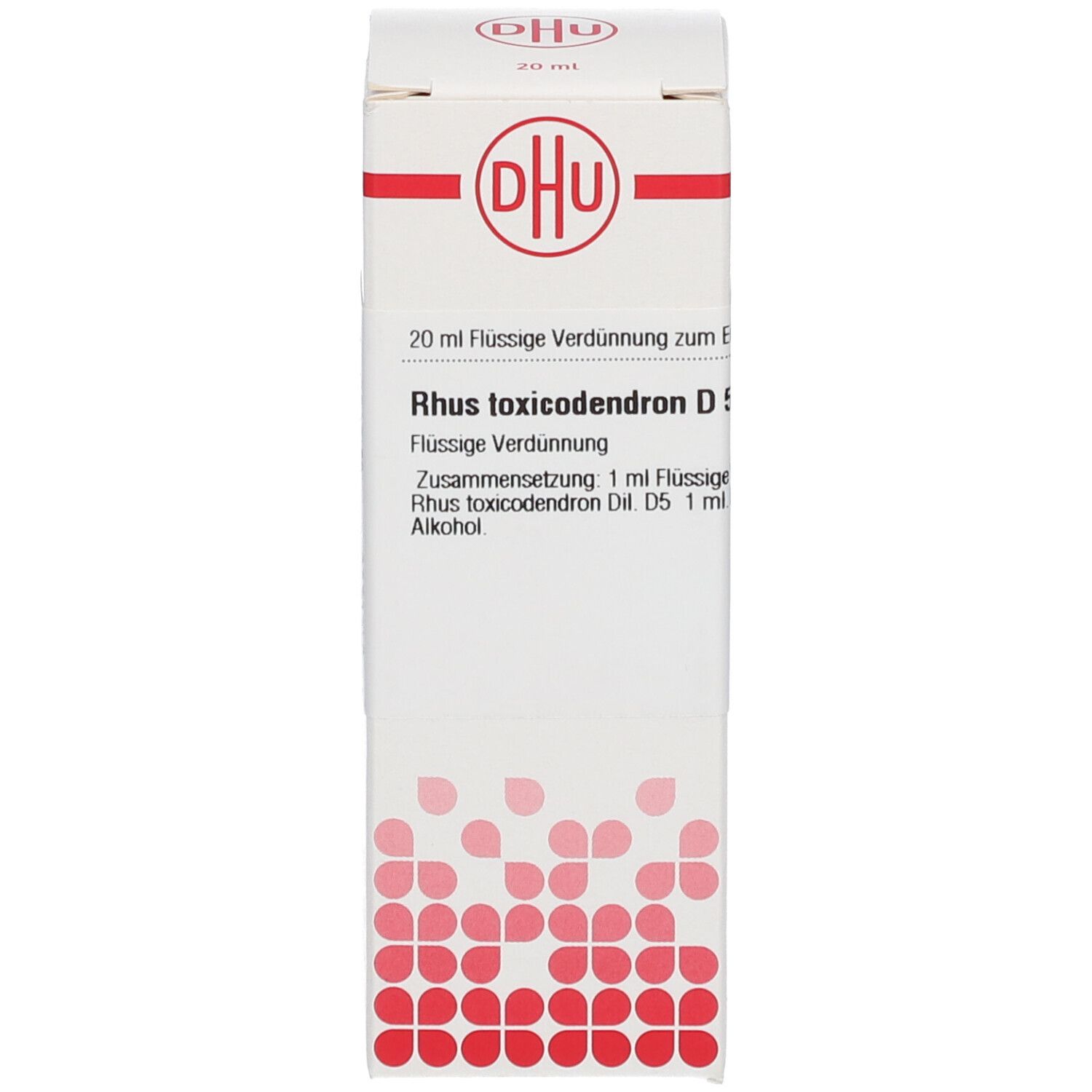 Weiße Faltschachtel mit DHU-Logo und Text. Enthält eine braune Glasflasche mit Tropfer.