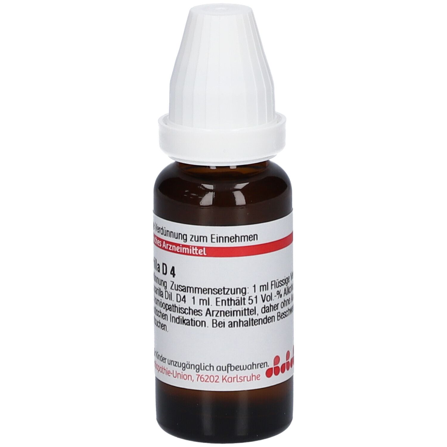 Braune Glasflasche mit weißem Verschluss. Etikett mit Text: Sarsaparilla D4, 20 ml flüssige Verdünnung. Homöopathisches Arzneimittel.