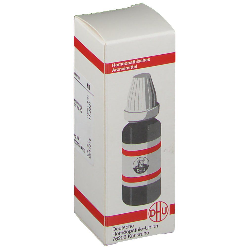 Weiße Faltschachtel mit roter Umrandung. Braunes Fläschchen mit Tropfverschluss. DHU Logo. Homöopathisches Arzneimittel.