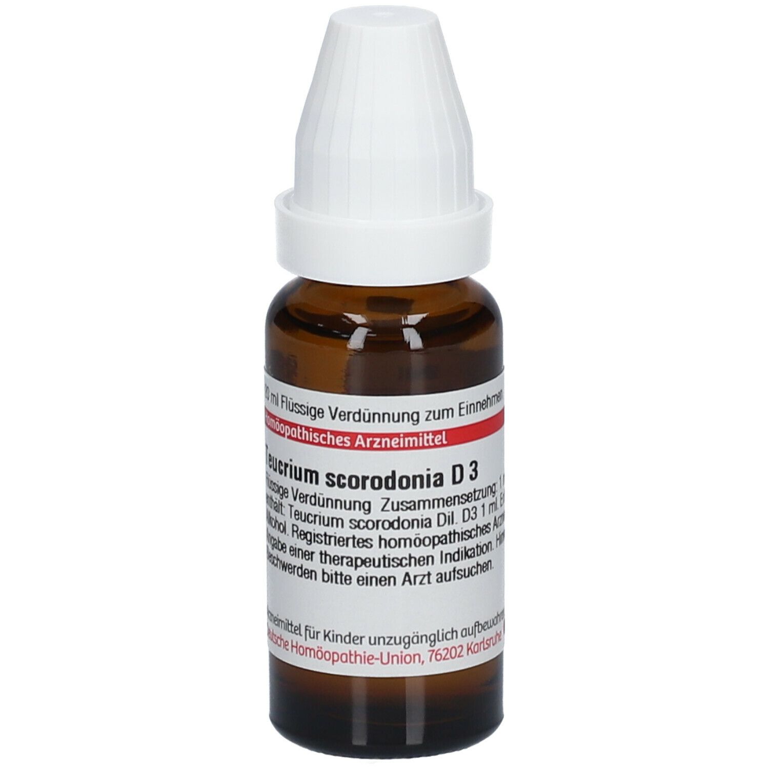 Braune Glasflasche mit weißem Verschluss. Etikett mit Produktinformationen: DHU Teucrium scorodonia D3.