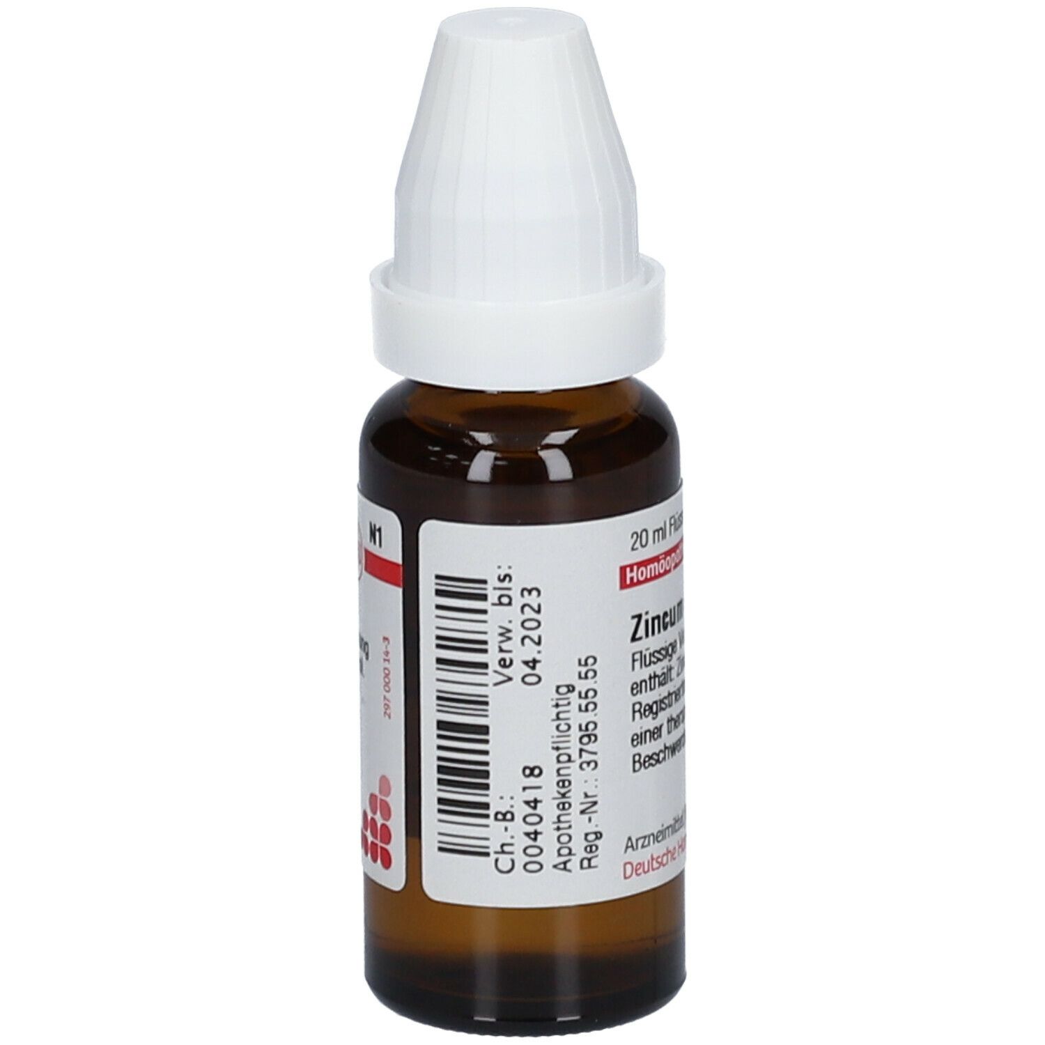 Braune Glasflasche mit weißem Verschluss. Beschriftung: Zincum sulfuricum D6, 20 ml Flüssige Verdünnung. Etikett mit Daten.