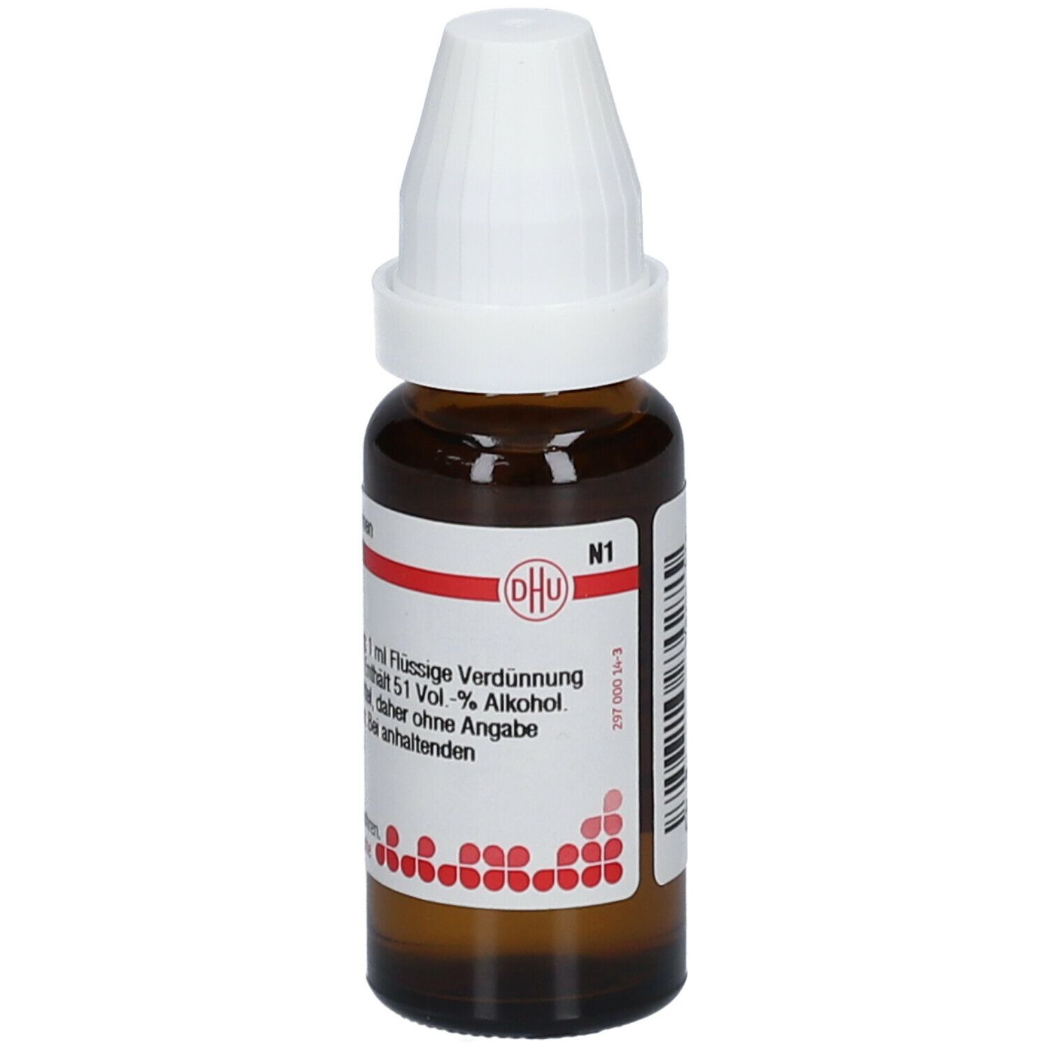 Braune Glasflasche mit weißem Verschluss. Beschriftung: DHU, 1 ml Flüssige Verdünnung. Etikett mit rotem Muster.
