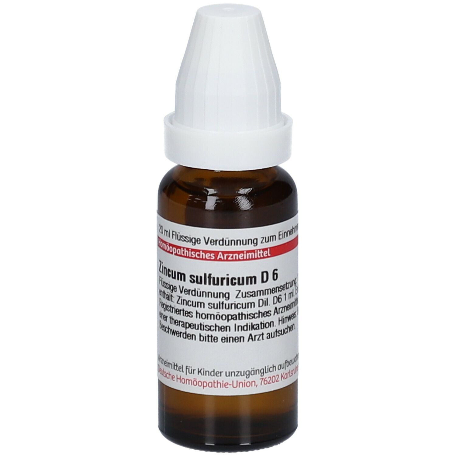 Braune Glasflasche mit weißem Verschluss. Beschriftung: Zincum sulfuricum D6, 20 ml Flüssige Verdünnung. Etikett.