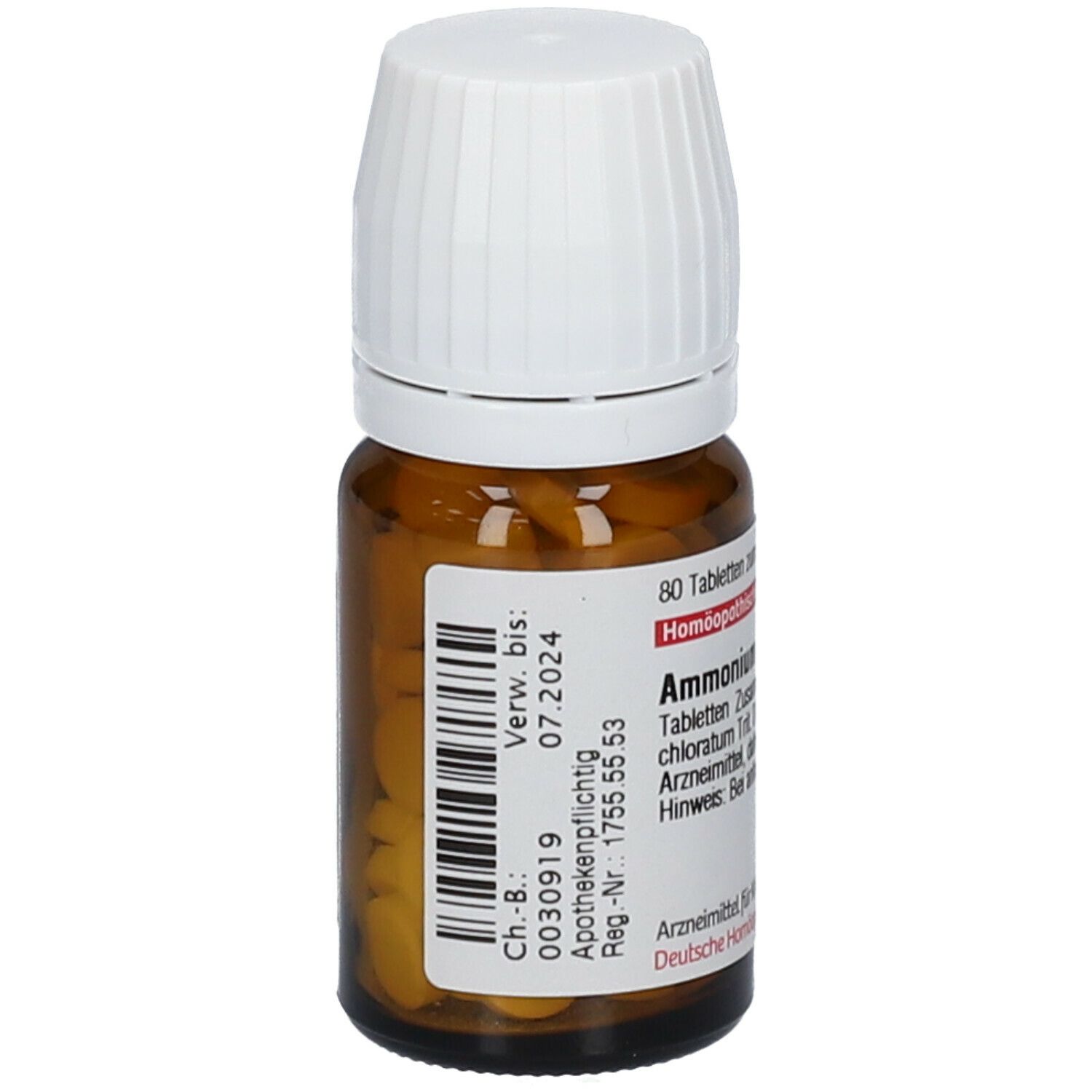 Braune Glasflasche mit weißem Deckel. Rückseite mit Etikett und Barcode. Enthält Tabletten. DHU Ammonium chloratum D12.