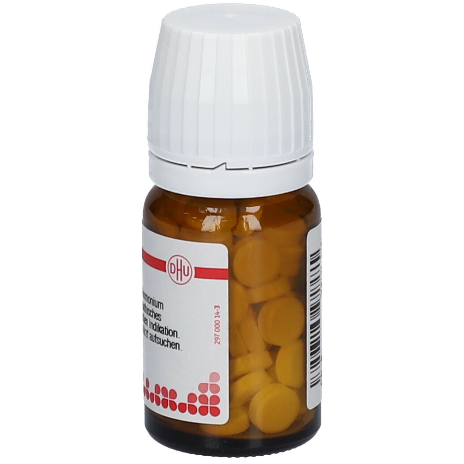 Braune Glasflasche mit weißem Deckel. Tabletten sichtbar. DHU-Logo auf Etikett. Enthält Tabletten. DHU Ammonium chloratum D12.