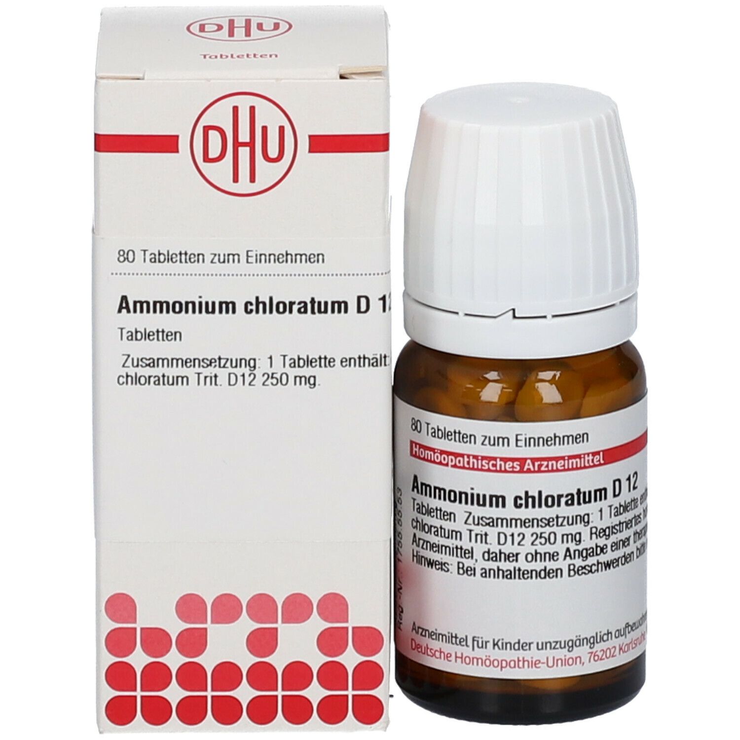 Produktverpackung mit Flasche und Schachtel. Flasche mit weißem Deckel. Schachtel mit DHU-Logo. DHU Ammonium chloratum D12.