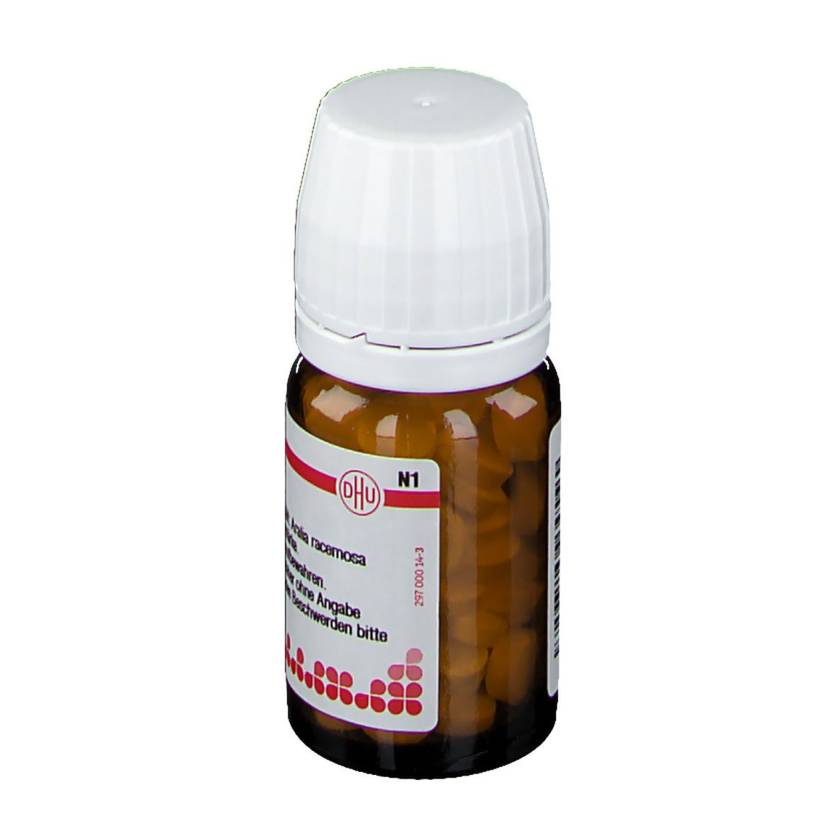 Braune Glasflasche mit weißem Deckel. Etikett mit DHU-Logo und Produktinformationen: Aralia racemosa, N1. Tabletten.