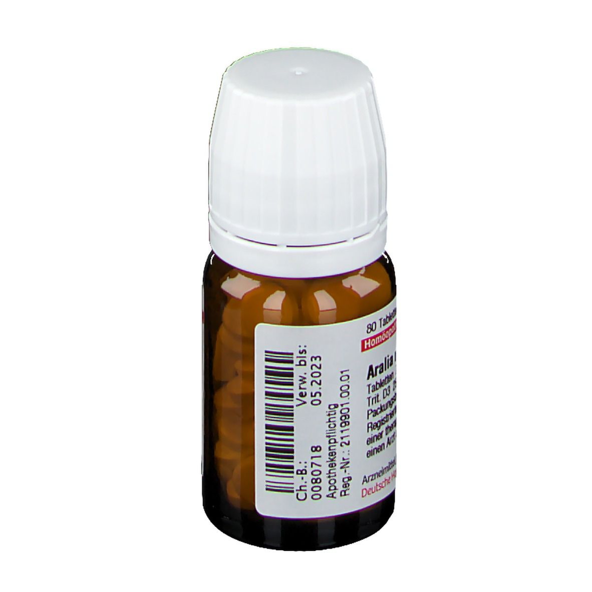 Braune Glasflasche mit weißem Deckel. Etikett mit Produktinformationen und Barcode. Verfallsdatum: 05.2023. 80 Tabletten. Homöopathisches Arzneimittel.