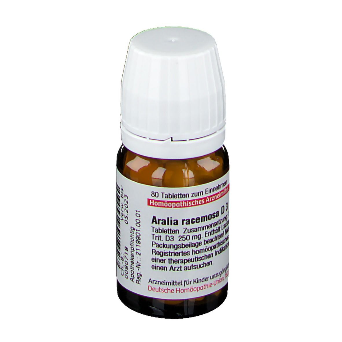 Braune Glasflasche mit weißem Deckel. Etikett mit Produktinformationen: Aralia racemosa D3, 80 Tabletten. Homöopathisches Arzneimittel.