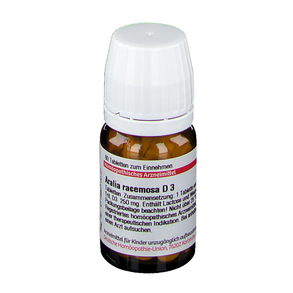 Braune Glasflasche mit weißem Deckel. Etikett mit Produktinformationen: Aralia racemosa D3, 80 Tabletten. Homöopathisches Arzneimittel.