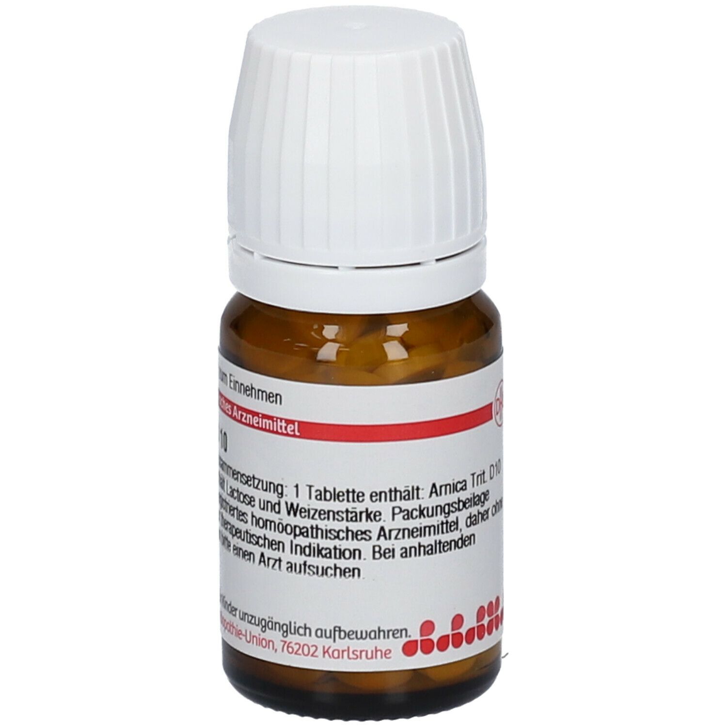 Braune Glasflasche mit weißen Tabletten und weißem Deckel. Etikett mit Text: Arnica D 10, 80 Tabletten.