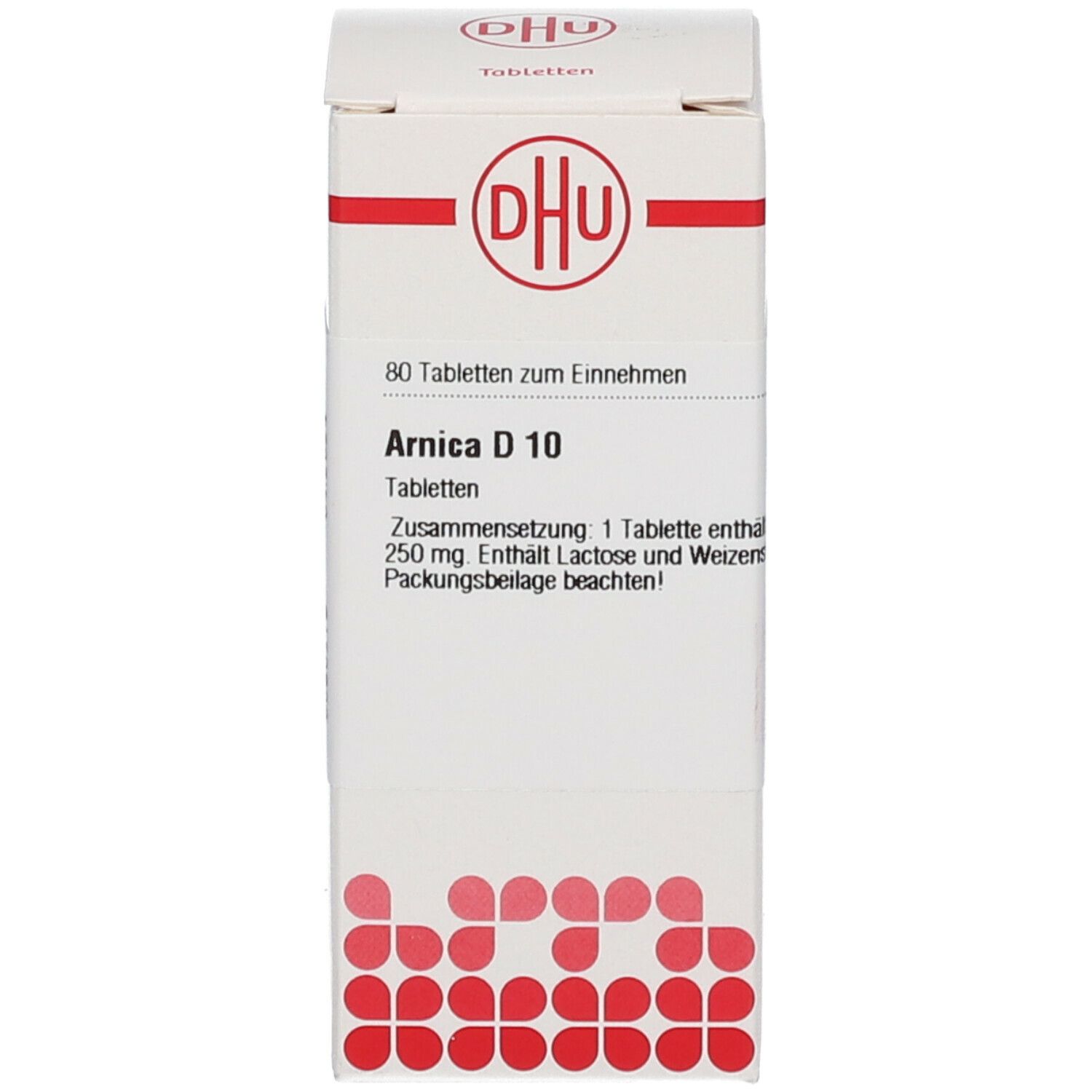 Weiße Schachtel mit rotem Muster und Aufdruck: DHU, Arnica D 10, 80 Tabletten.
