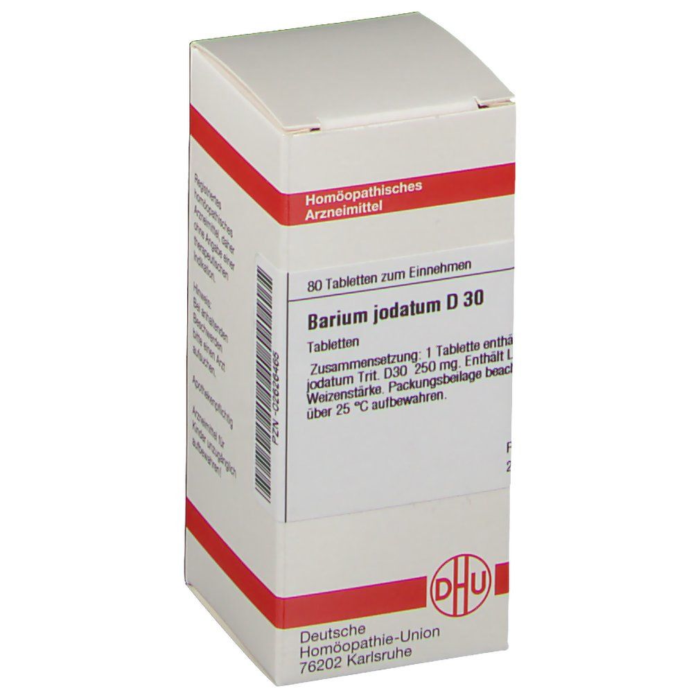 Weiße Tablettenbox mit roter Umrandung. Aufschrift: Barium jodatum D 30, DHU Logo. Text in deutscher Sprache.