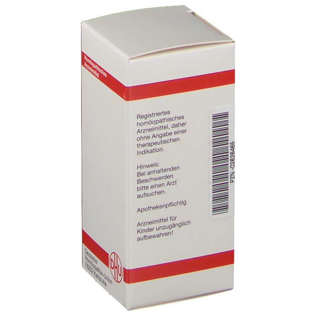 Rückseite einer weißen Tablettenbox mit roter Umrandung. Text in deutscher Sprache, Barcode und DHU Logo.